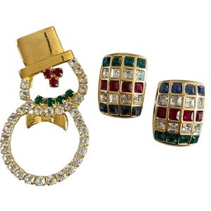 Vintage Gold Tone Snowman Necklace (No Chain)  W/ Clip On Earrings Rhinestones